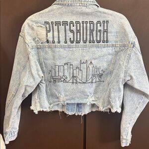 Pittsburgh distressed crop denim Distressed  Denim Jacket by Rivalry Runway. XS